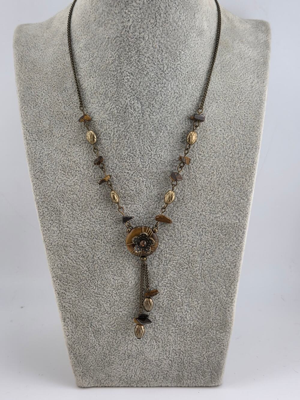 Vintage Tiger Eye Floral Pendant Necklace Antiqued Brass Boho Dangle 18.5"